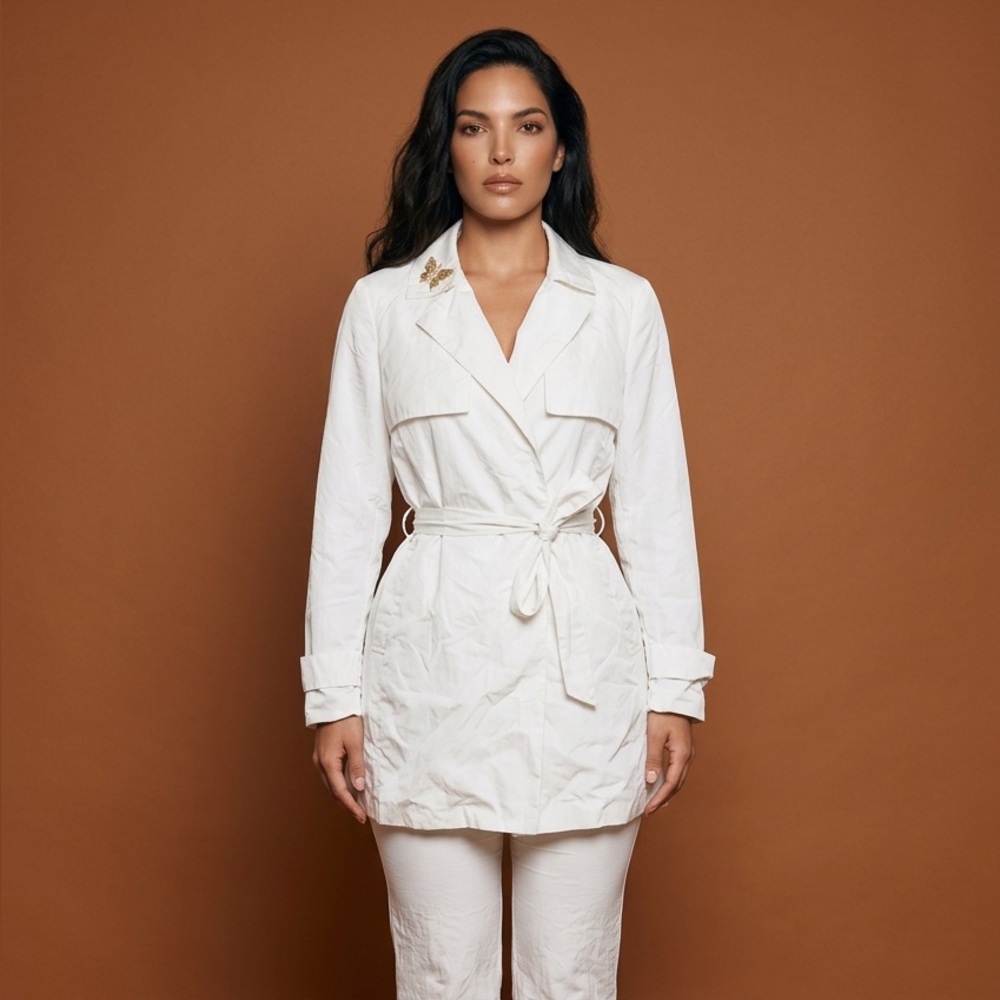 T Tahari White Cotton Belted Trench Coat Lace Back Butterfly Brooch Womens Med